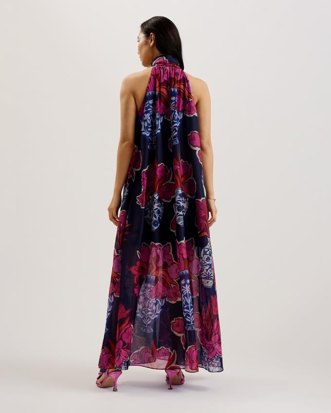 Peignoir Ted Baker Tie Neck Printed Flowy Maxi Bleu Foncé Femme | RTU-42296108